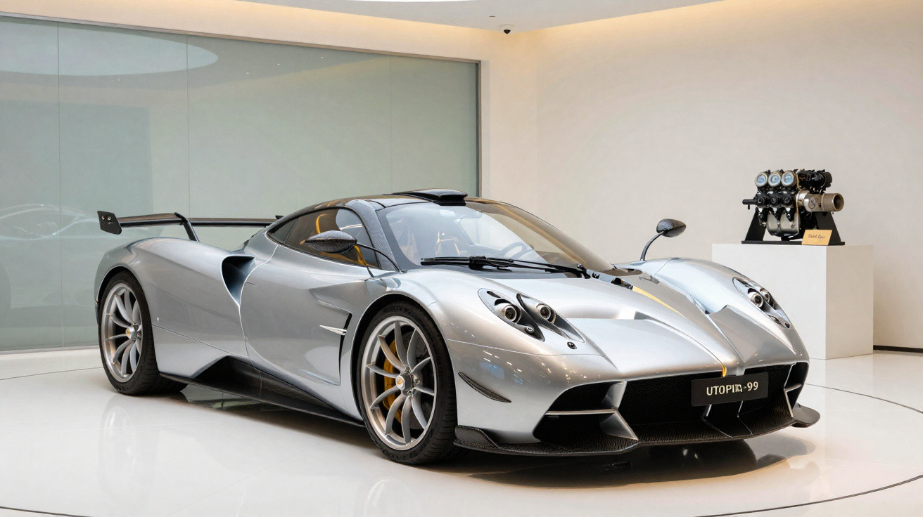 Carro esportivo prata com design aerodinâmico exibido em ambiente interno com motor ao fundo.