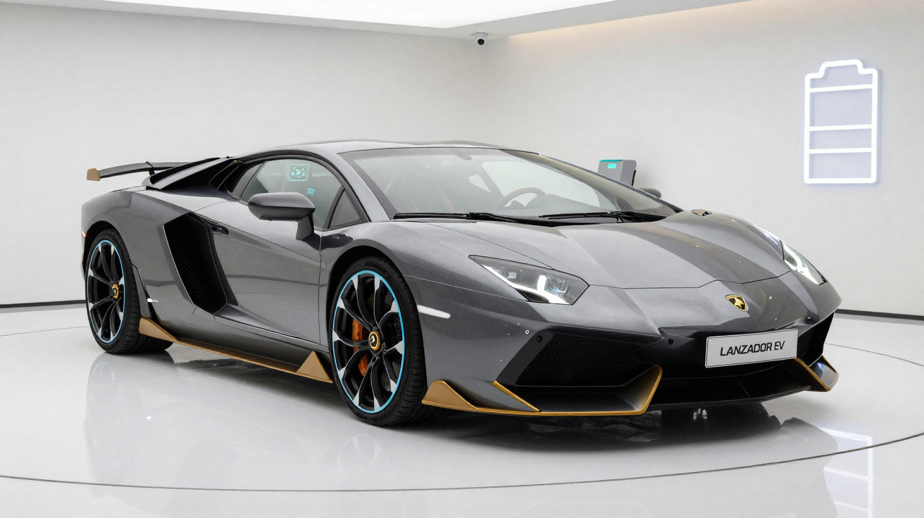 Carro esportivo Lamborghini Lanzador EV cinza com detalhes dourados exposto em ambiente moderno e iluminado.