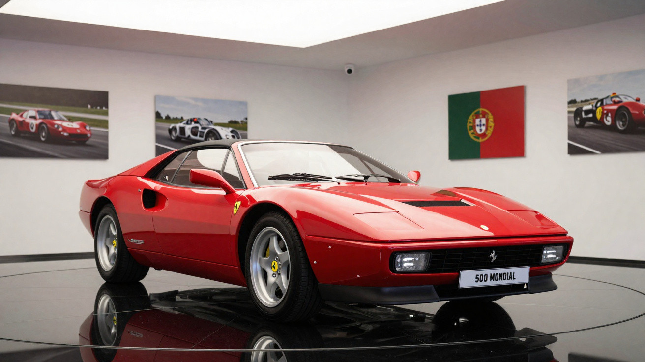 Carro esportivo vermelho Ferrari 500 Mondial em exposição com bandeira de Portugal ao fundo.