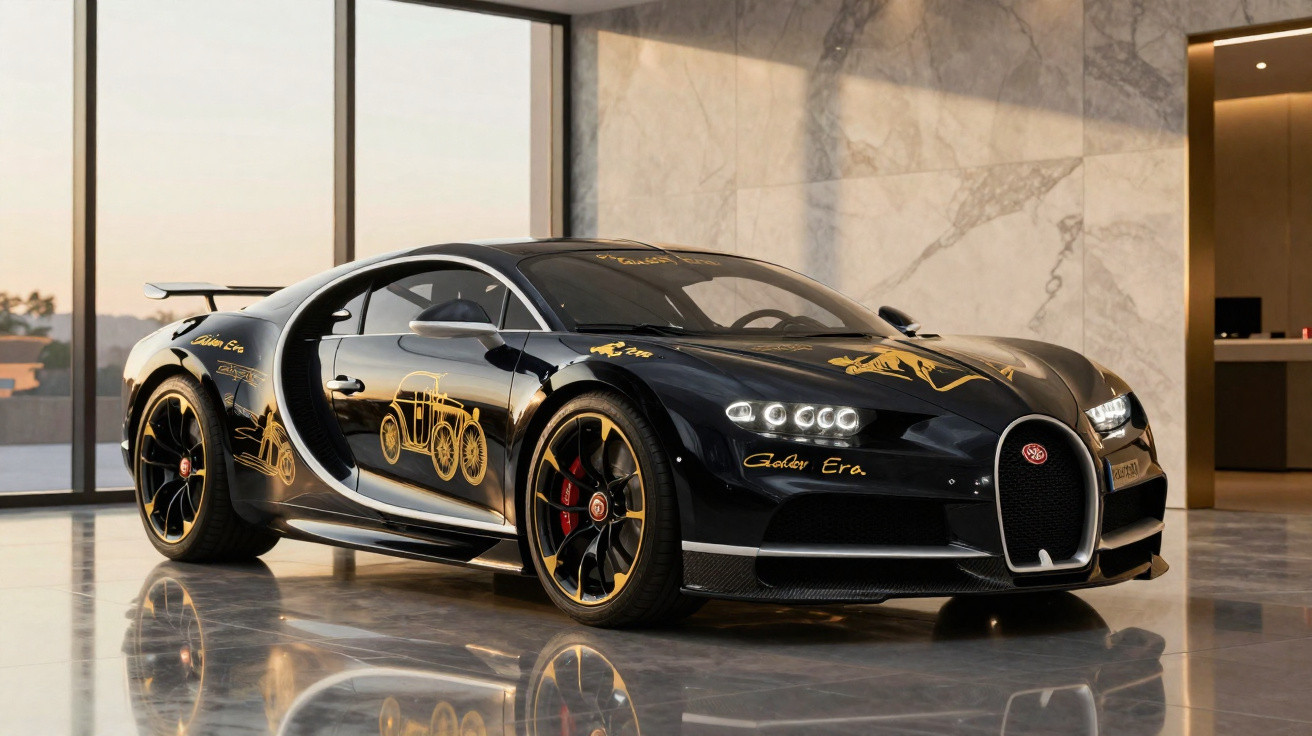 Carro esportivo preto com detalhes dourados exposto em ambiente moderno e elegante.