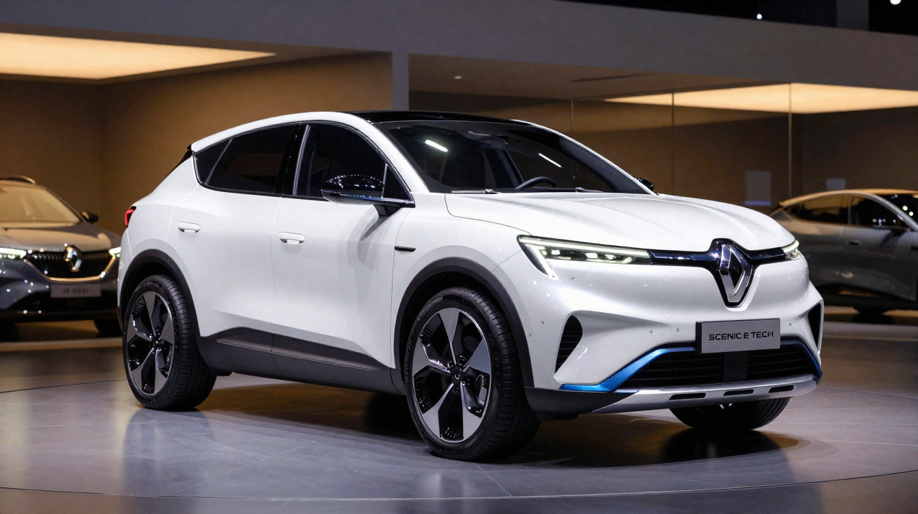 Carro elétrico Renault Scenic E-Tech branco exibido em showroom com design moderno e faróis de LED.