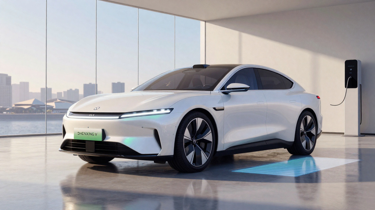 Carro elétrico branco modelo Shenxing V estacionado em ambiente moderno com vista para cidade.