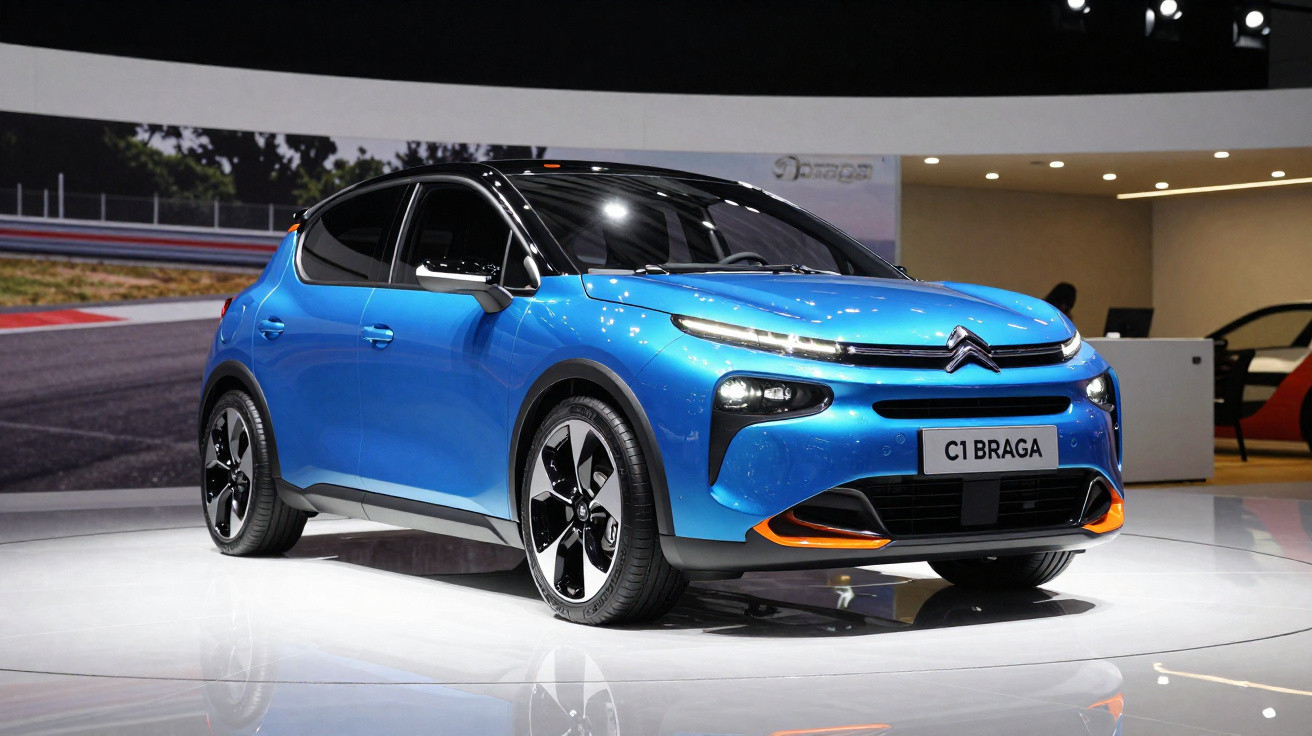 Carro Citroën C1 Braga azul em exposição, com teto preto e detalhes frontais em laranja.