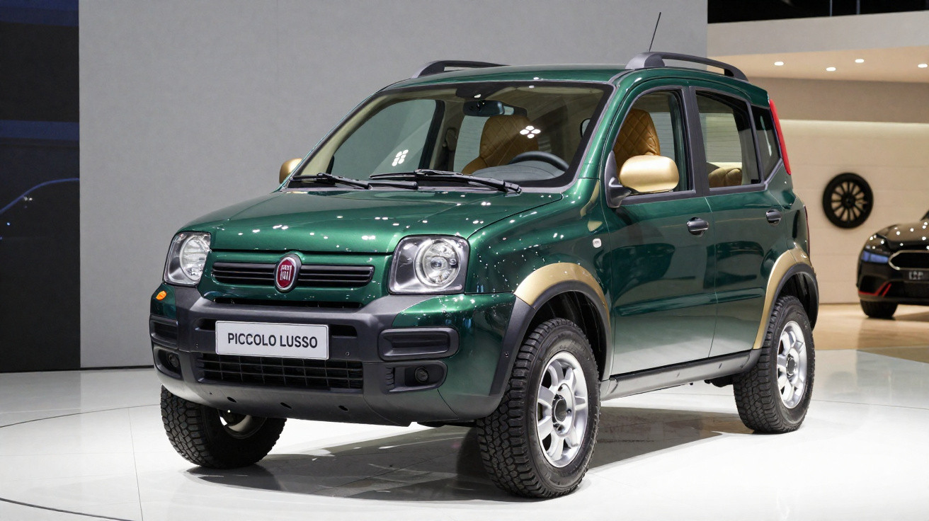 Carro SUV verde escuro Fiat Piccolo Lusso exposto em salão de automóveis em ambiente interno.