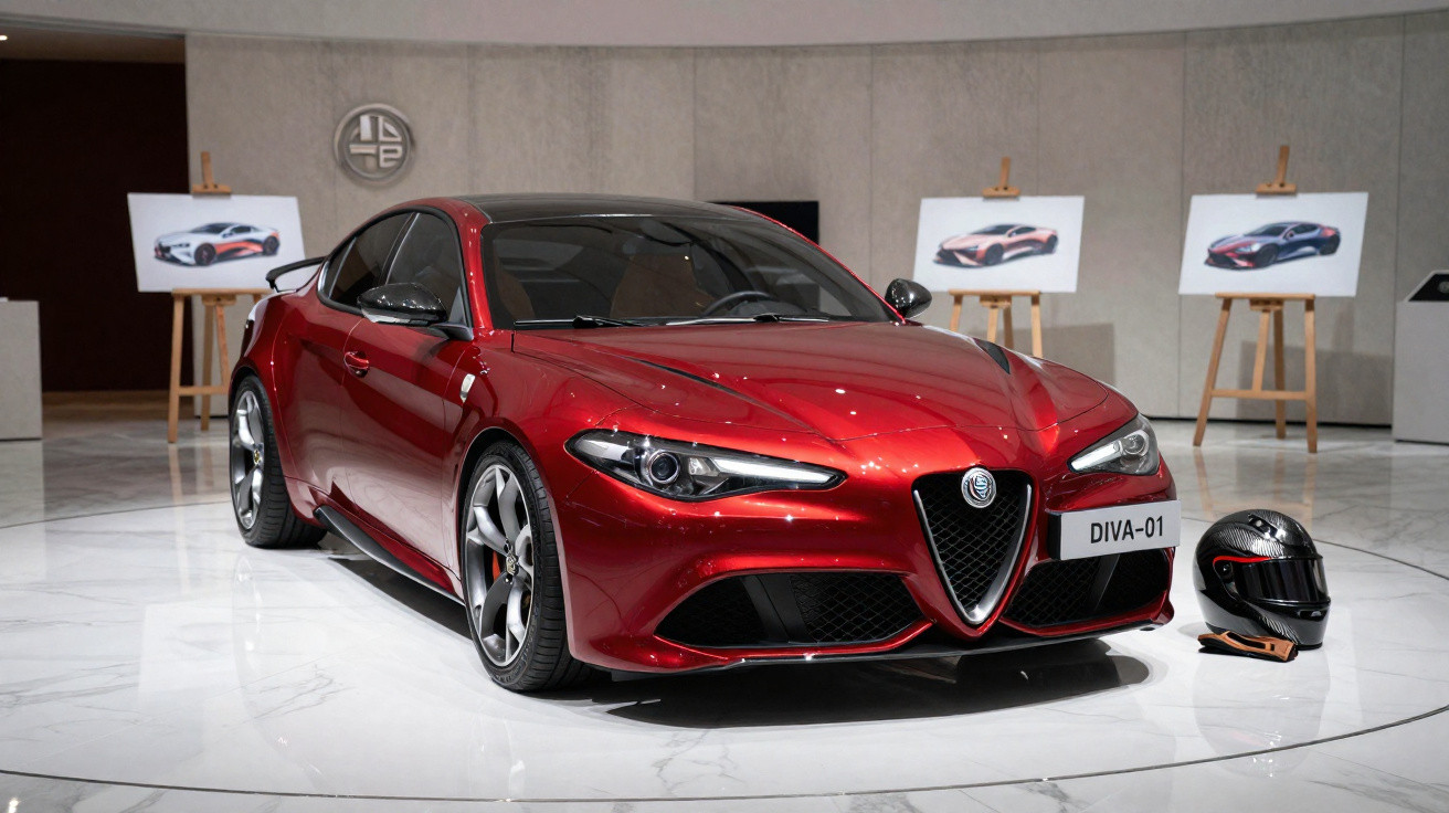 Carro esportivo vermelho Alfa Romeo Diva-01 em exposição, ao lado capacete preto.