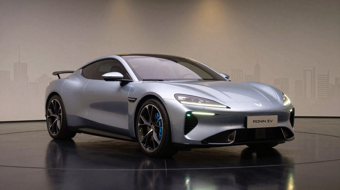 Carro esportivo elétrico prata Ronin EV com design aerodinâmico em ambiente interno moderno.