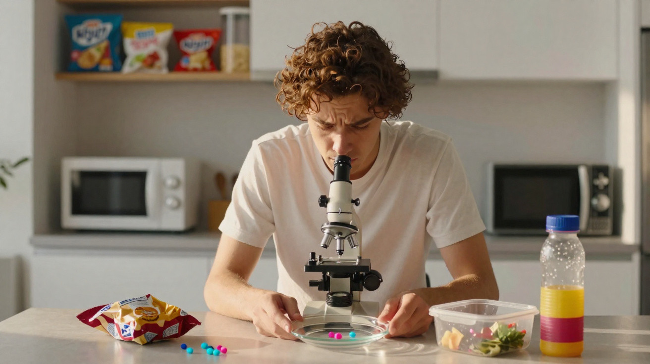 Jovem observando amostras coloridas em lâmina petri com microscópio em cozinha moderna.