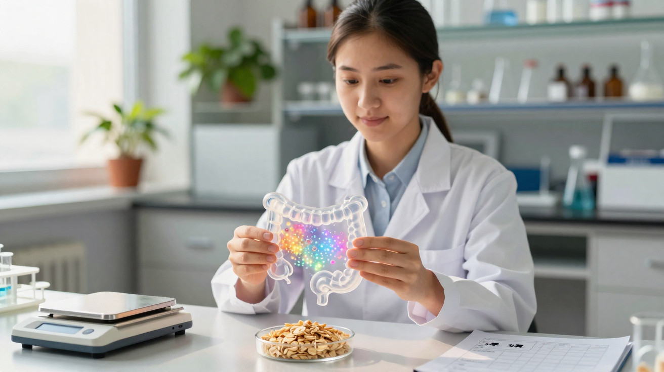 Pesquisadora com jaleco branco segurando modelo translúcido do intestino em laboratório moderno.