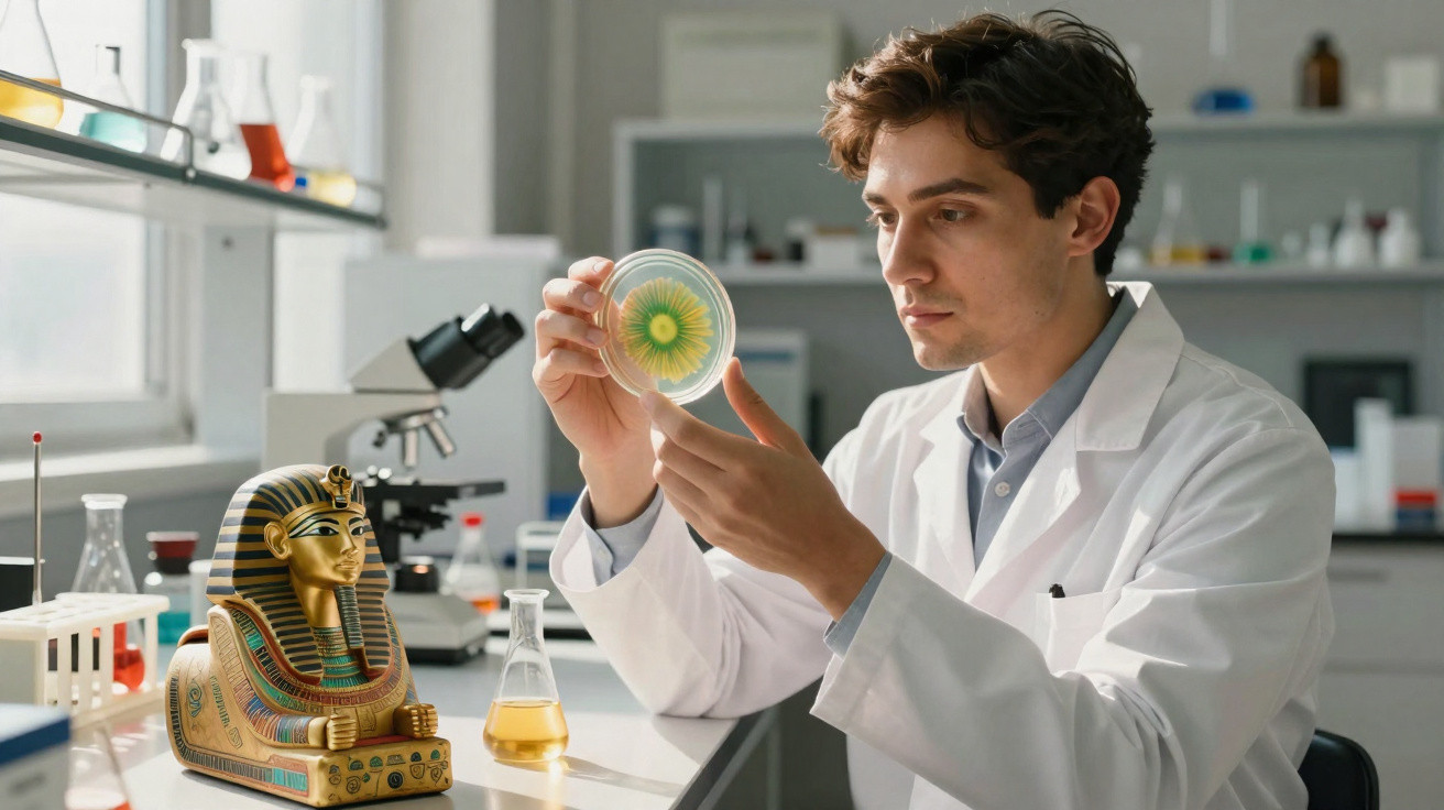 Homem usando jaleco branco examina cultura em placa de Petri em laboratório com microscopio e objetos variados.