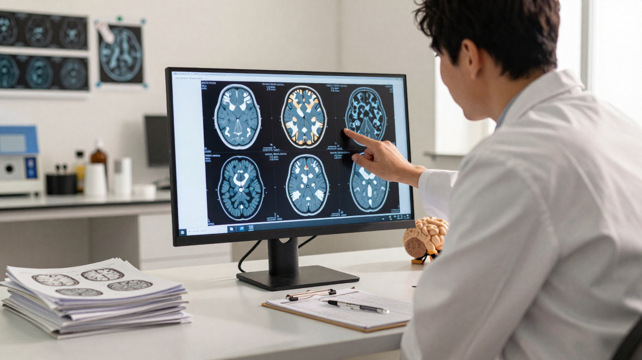 Médico analisando imagens de ressonância magnética do cérebro em monitor no consultório.