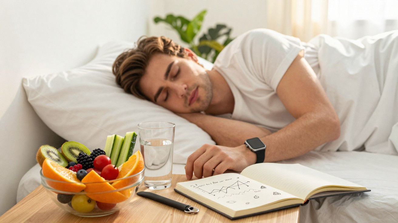 Homem dormindo na cama ao lado de mesa com frutas, copo d'água, smartwatch e caderno aberto com gráficos.