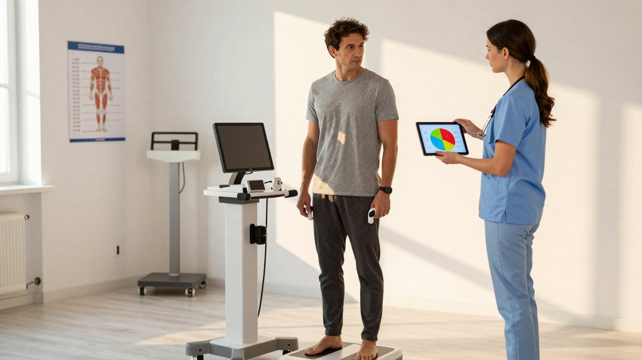 Homem em consulta médica com profissional de saúde mostrando resultados em tablet numa clínica.