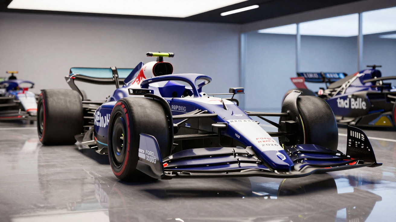 Carro de Fórmula 1 azul, branco e vermelho estacionado em garagem com piso refletivo e iluminação interna.