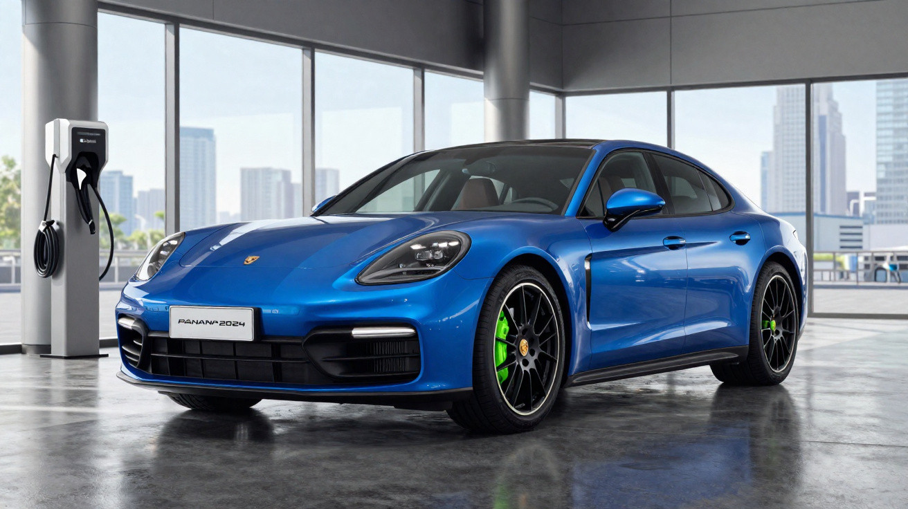 Carro esportivo azul Porsche Panamera 2024 em estação de recarga elétrica dentro de garagem moderna.
