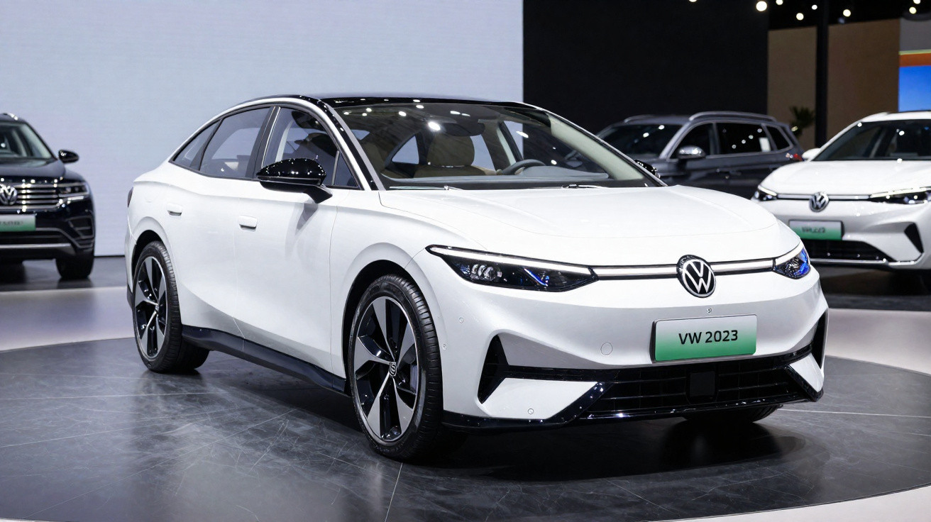 Carro elétrico branco Volkswagen 2023 exposto em salão automotivo, modelo sedan futurista.