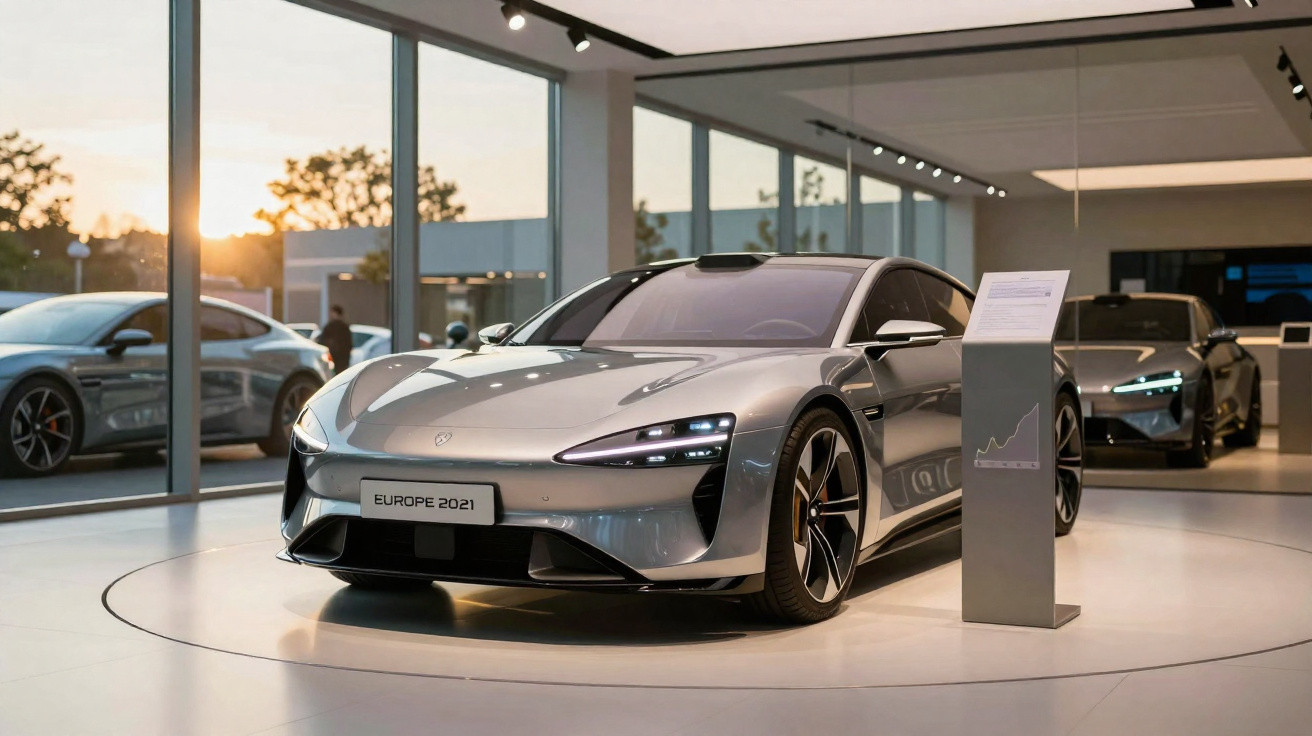 Carro esportivo elétrico prateado em exposição interna com iluminação e placa "Europe 2021".