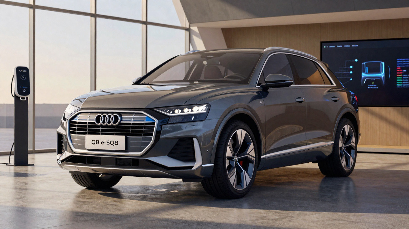 SUV elétrico Audi Q8 e-SQ8 cinza estacionado em showroom moderno com carregador ao lado.