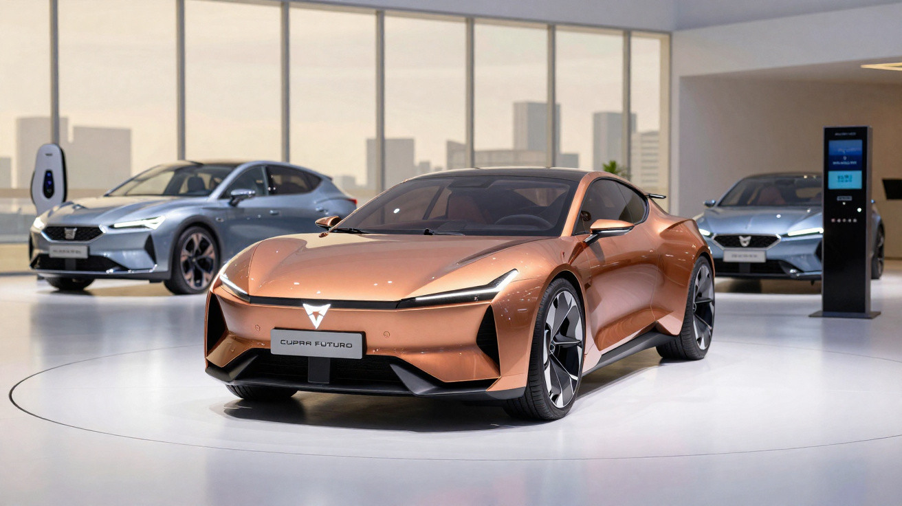 Carro elétrico Cupra Futuro bronze em exposição futurista com dois carros cinza ao fundo em ambiente moderno.