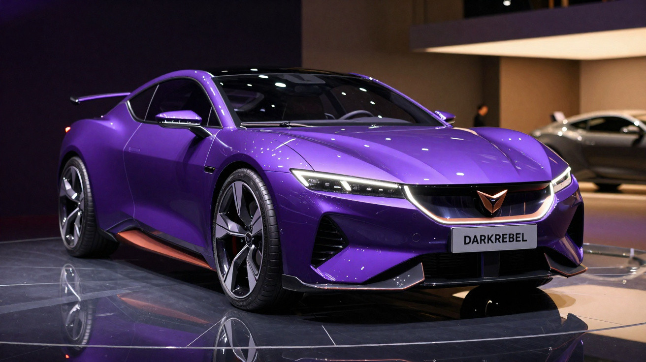 Carro esportivo roxo metálico com design futurista exibido em salão automotivo sobre piso brilhante.