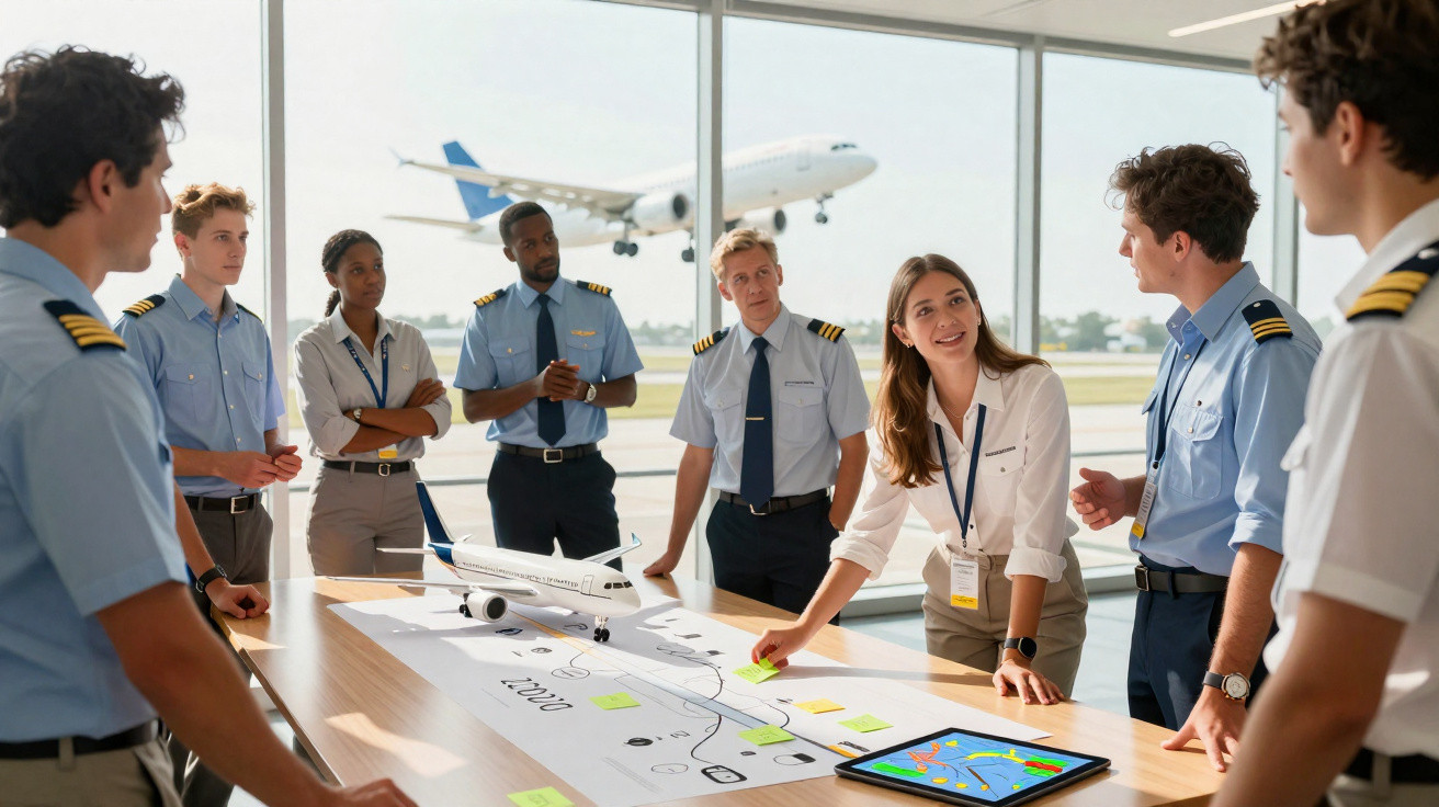 Grupo de pilotos e profissionais de aviação discutindo planos em mesa com maquete e mapas, avião pousando ao fundo.