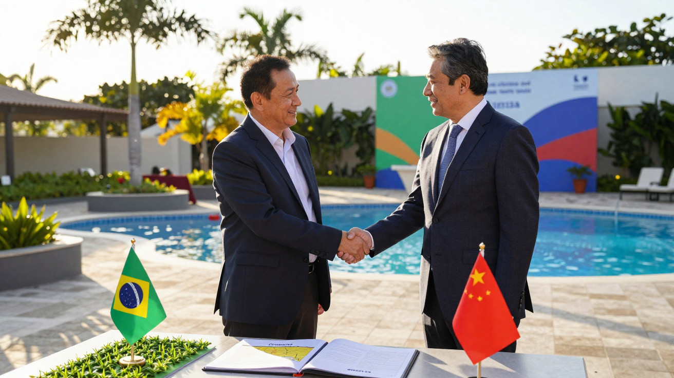 Dois homens em terno apertam as mãos ao lado de bandeiras do Brasil e China, com piscina ao fundo.