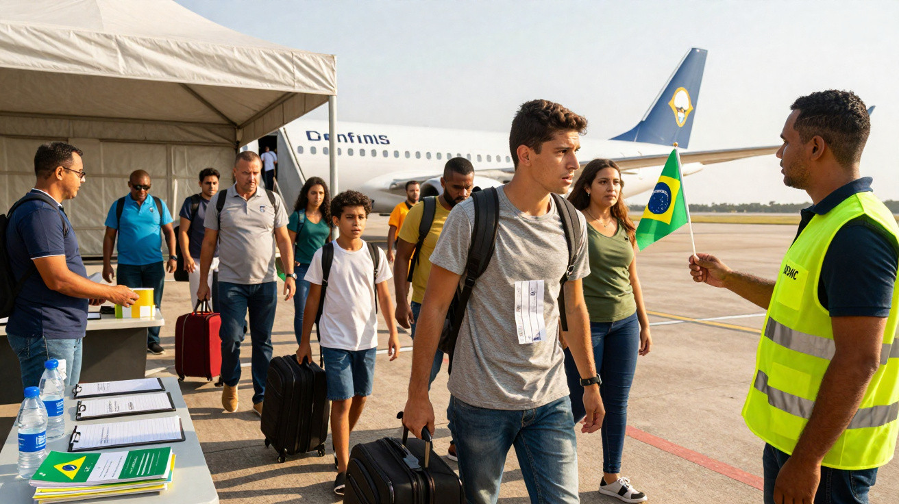 Pessoas desembarcando de avião e passando por recepção com homem segurando bandeira do Brasil.