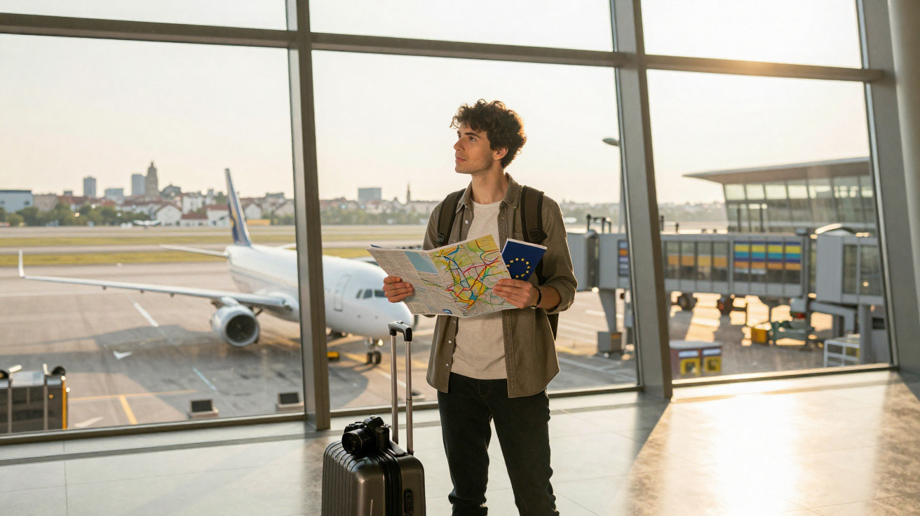 Jovem com mochila, mala e mapa na mão observa jato através da janela do aeroporto em dia ensolarado.