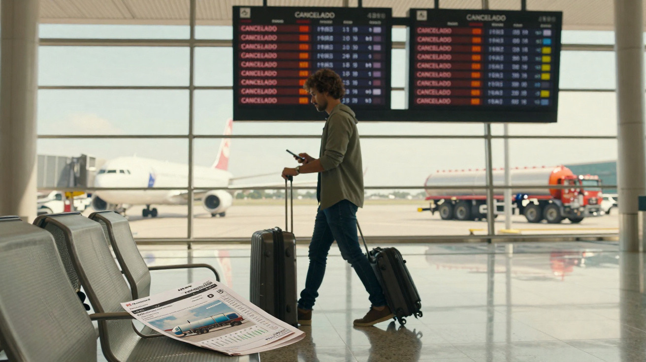 Homem em aeroporto caminha com duas malas enquanto ao fundo painel mostra voos cancelados.
