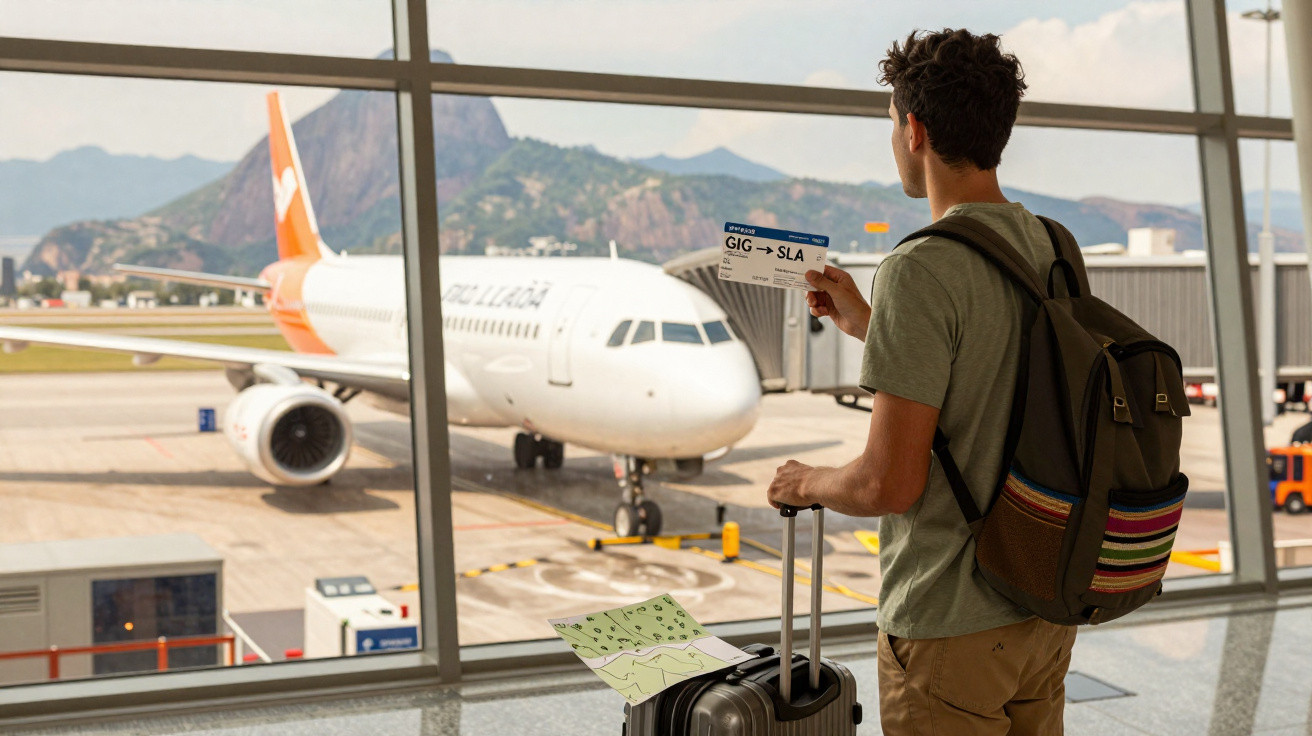 Jovem com mochila e mala observa avião do aeroporto segurando passagens aéreas.