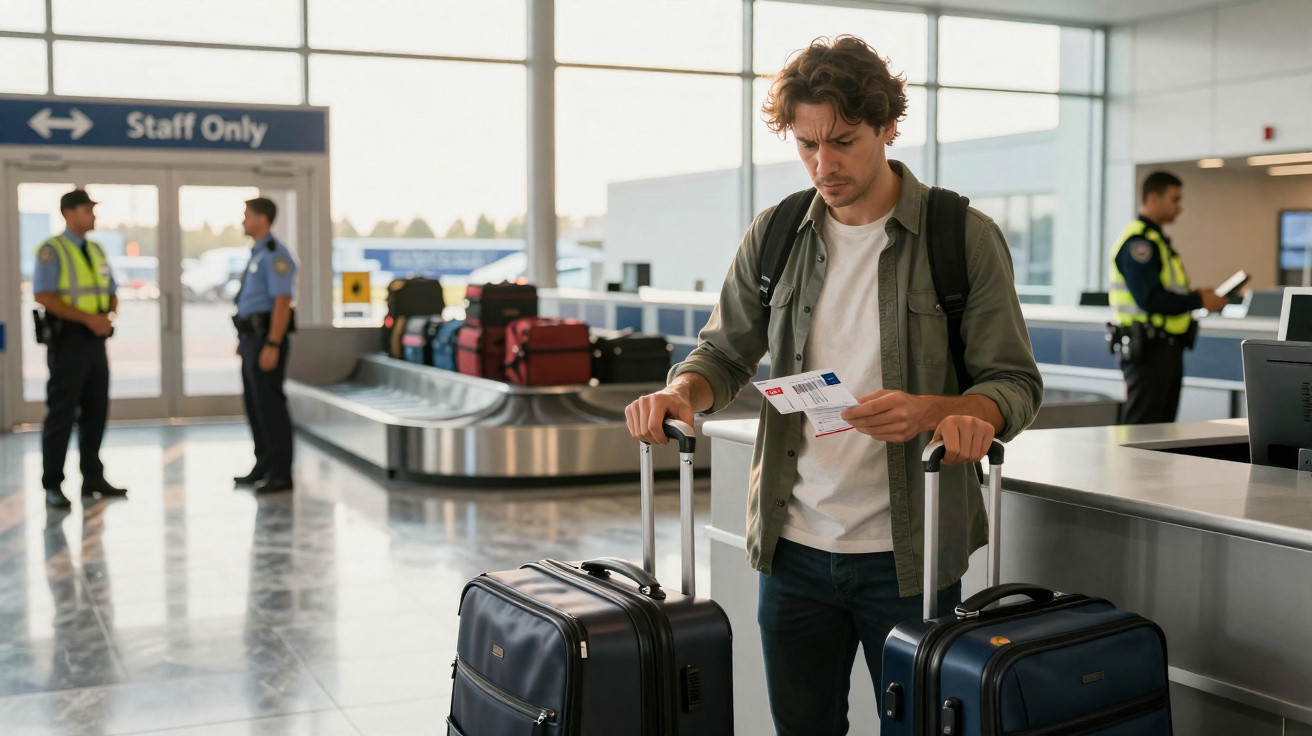 Homem confuso segurando passagens, com duas malas em uma área de bagagem no aeroporto.