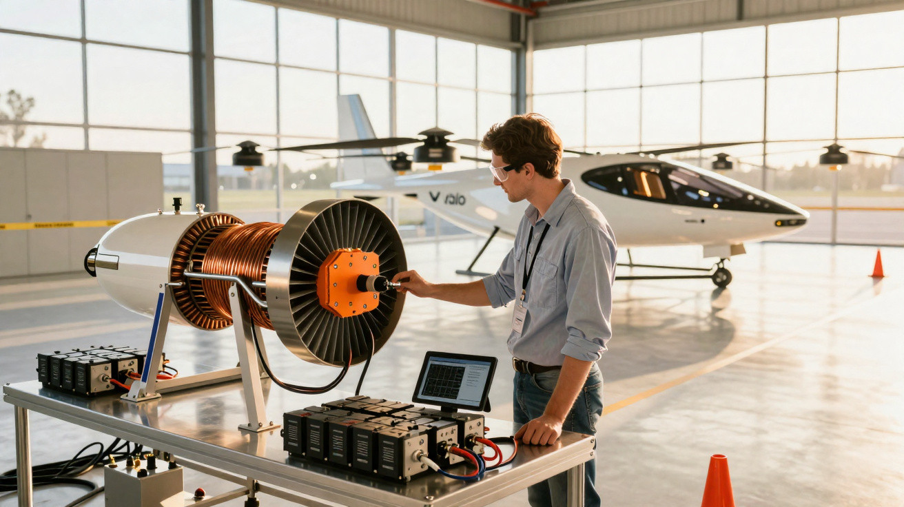 Homem ajusta equipamento elétrico em bancada com helicóptero futurista em hangar ao fundo.