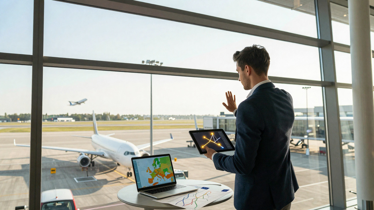 Homem de terno observa avião no aeroporto enquanto usa tablet e laptop com gráficos na mesa.
