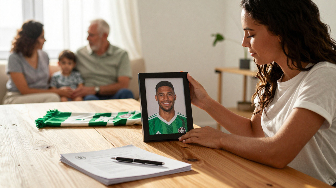 Mulher segura foto de homem em quadro, com família ao fundo e documento com caneta na mesa de madeira.