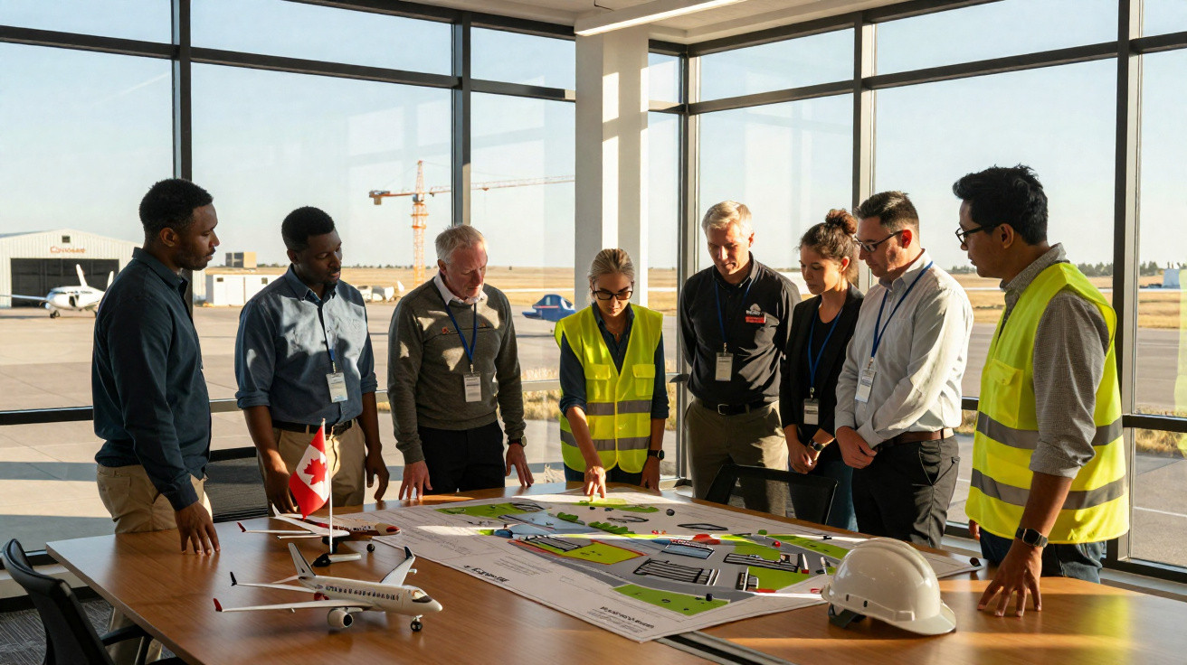 Equipe diversificada em reunião no aeroporto analisando planta de projeto sobre mesa com maquete de avião.