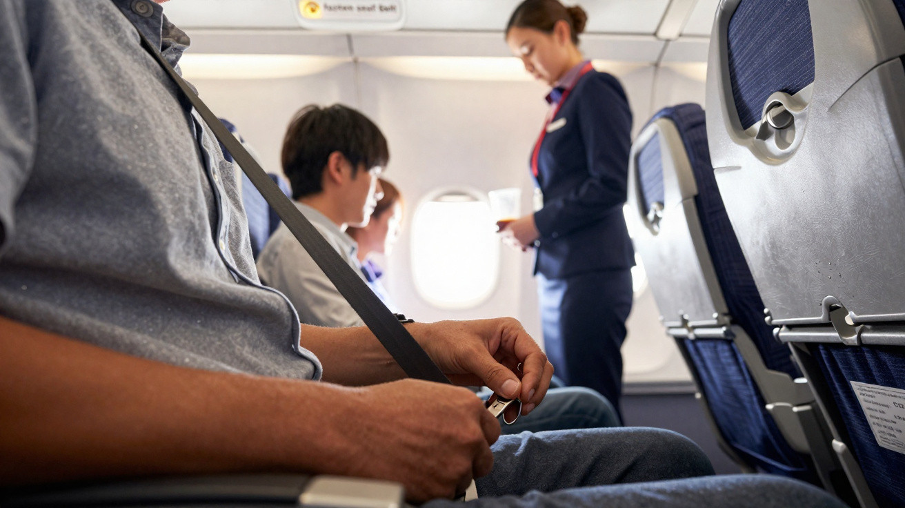 Passageiro apertando o cinto de segurança dentro de avião, com comissária servindo bebida ao fundo.