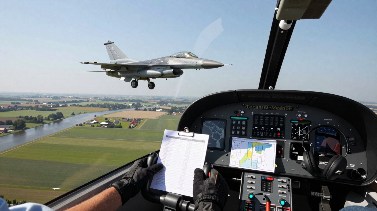 Vista interna do cockpit de um avião leve, com um piloto segurando um checklist e um caça F-16 voando próximo.