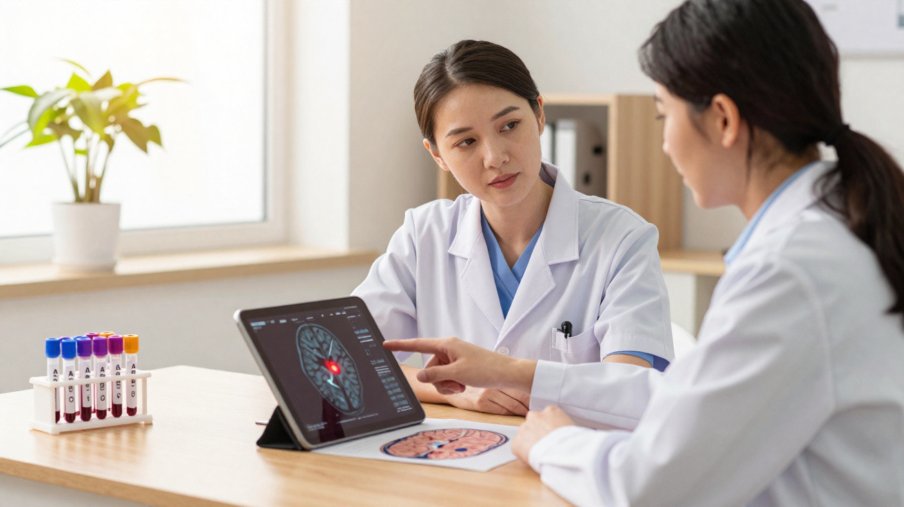 Duas médicas discutindo uma imagem de ressonância cerebral exibida em um tablet em consultório.