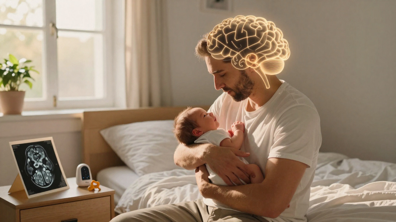 Homem segurando bebê no quarto, com ilustração de cérebro sobre sua cabeça simbolizando vínculo ou cuidado cognitivo.