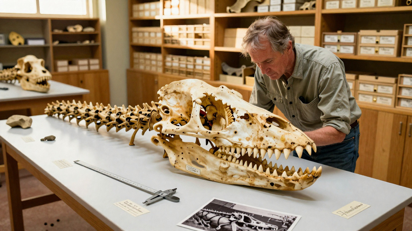 Homem examinando um esqueleto de dinossauro montado sobre mesa em laboratório de paleontologia.
