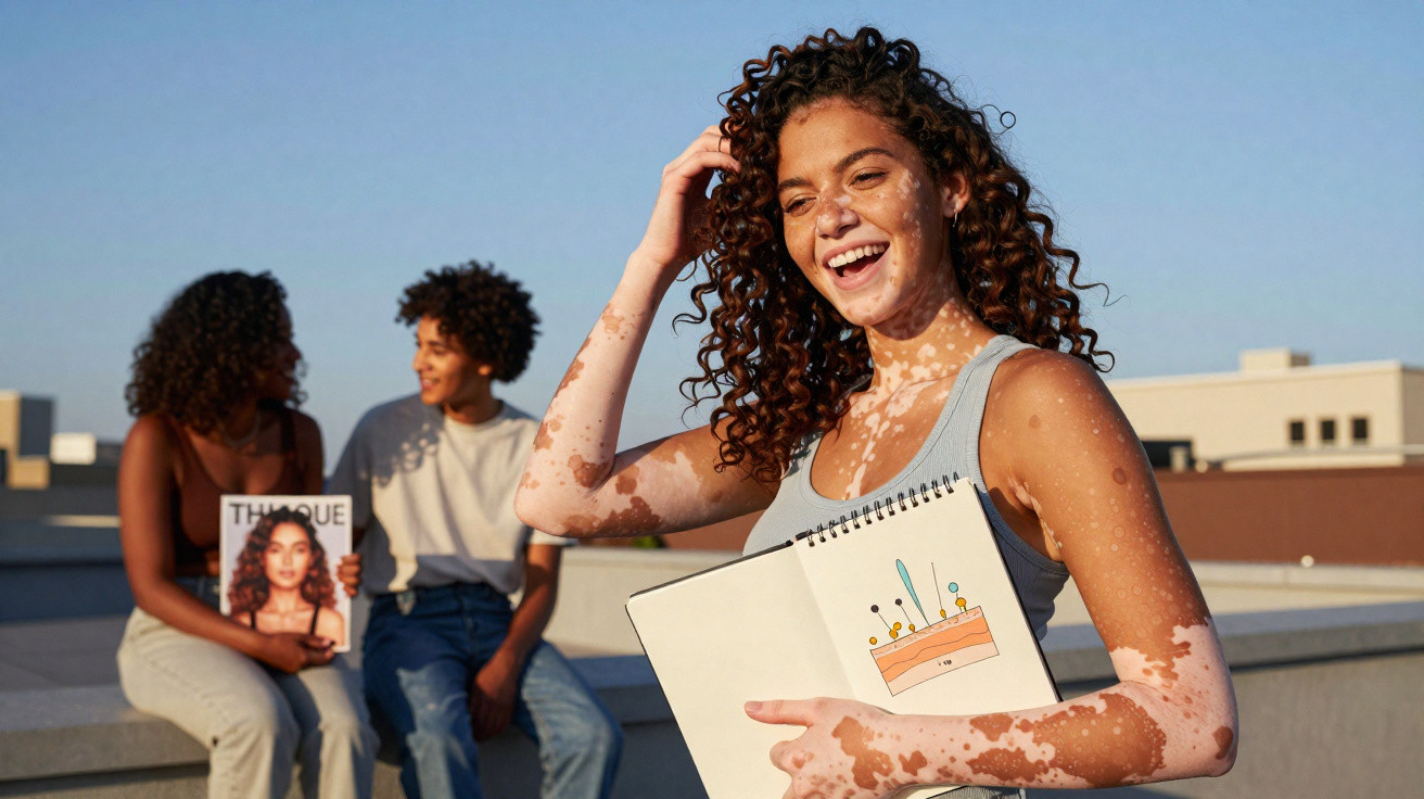 Jovem sorridente com vitiligo segura caderno com desenho, com duas pessoas ao fundo em ambiente externo.