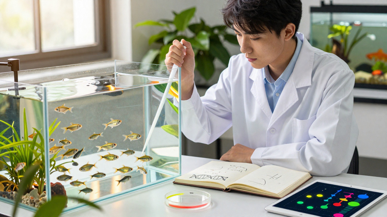 Pesquisador em jaleco branco estudando peixes em aquário com anotações e tablet na mesa.