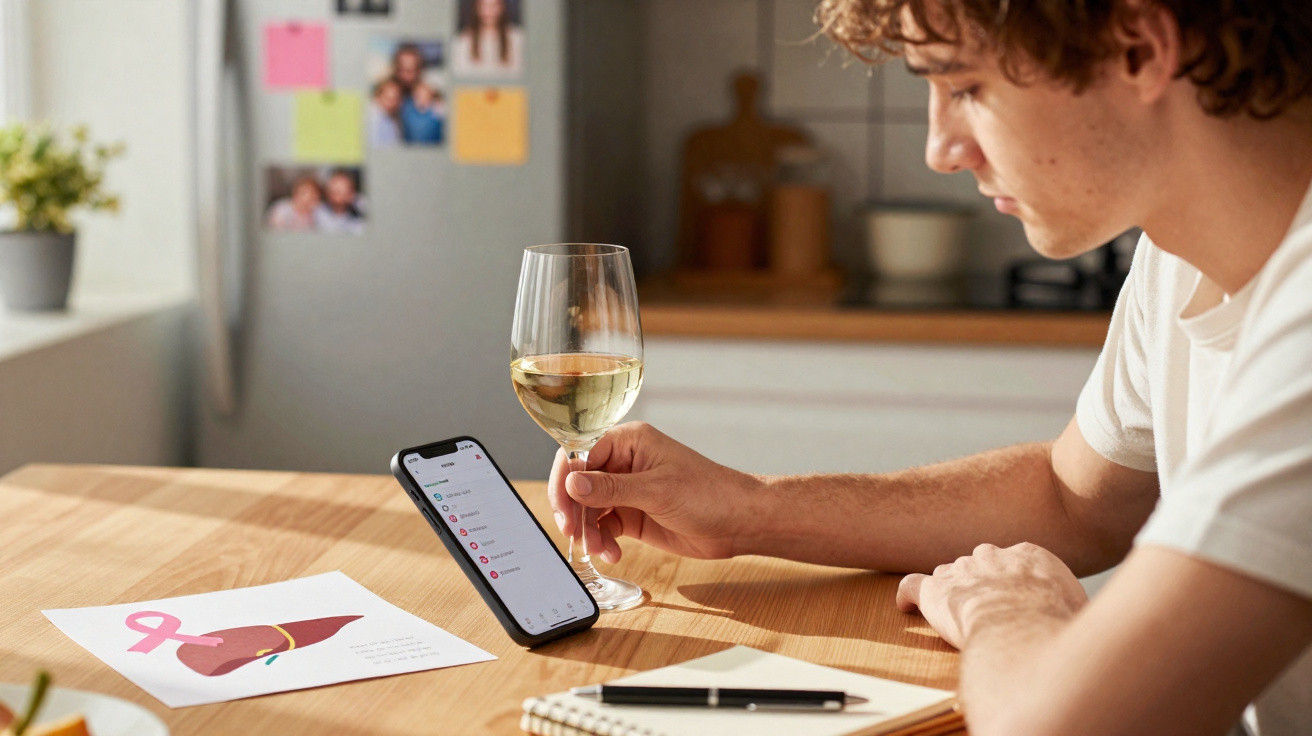 Homem segurando taça de vinho e olhando celular em mesa com desenho de fígado e caderno aberto.