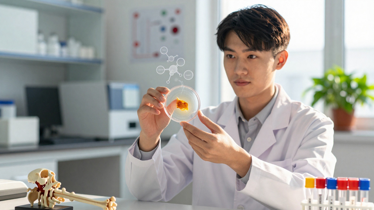 Cientista asiático examinando amostra em placa de petri em laboratório moderno iluminado.
