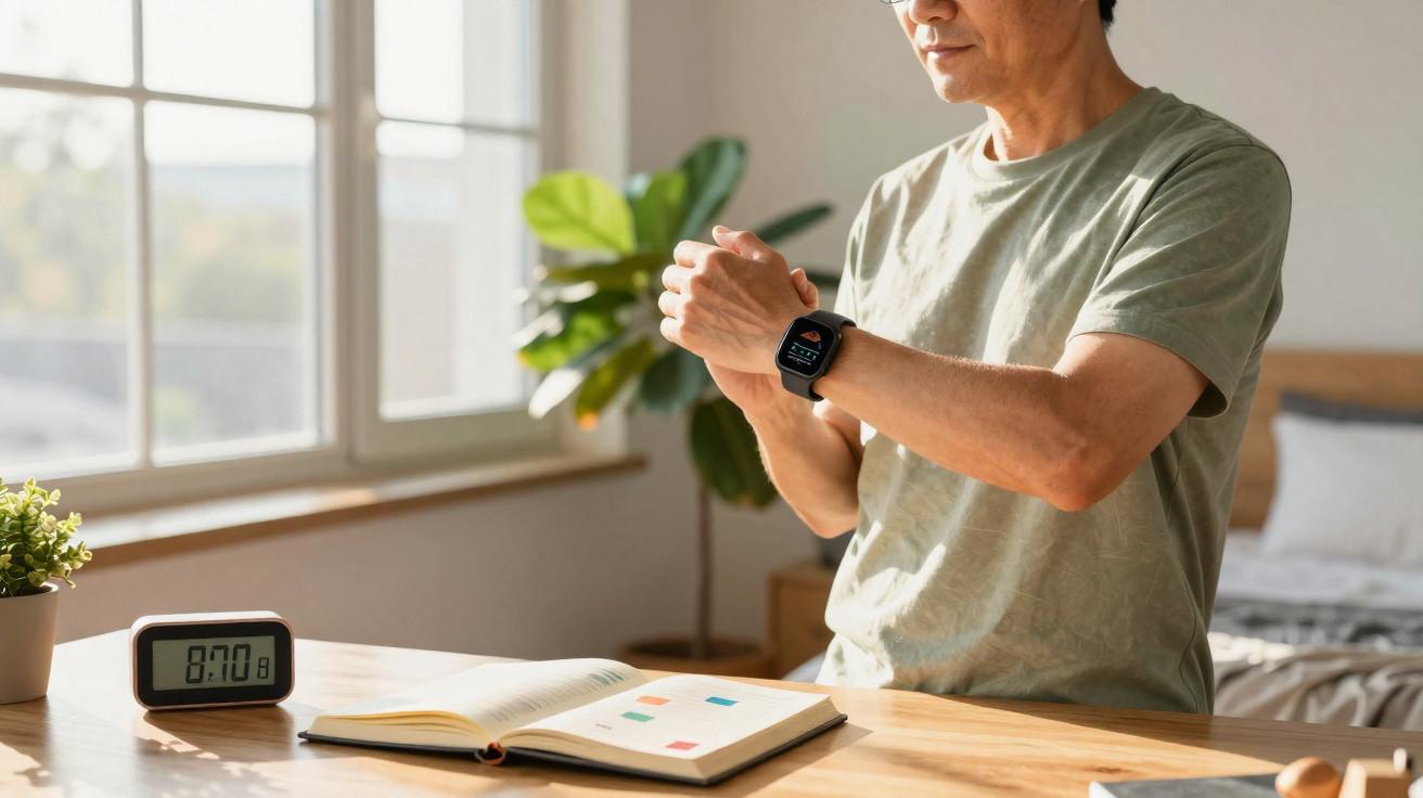 Homem ajusta relógio inteligente próximo a livro aberto e relógio digital em ambiente claro e arejado.