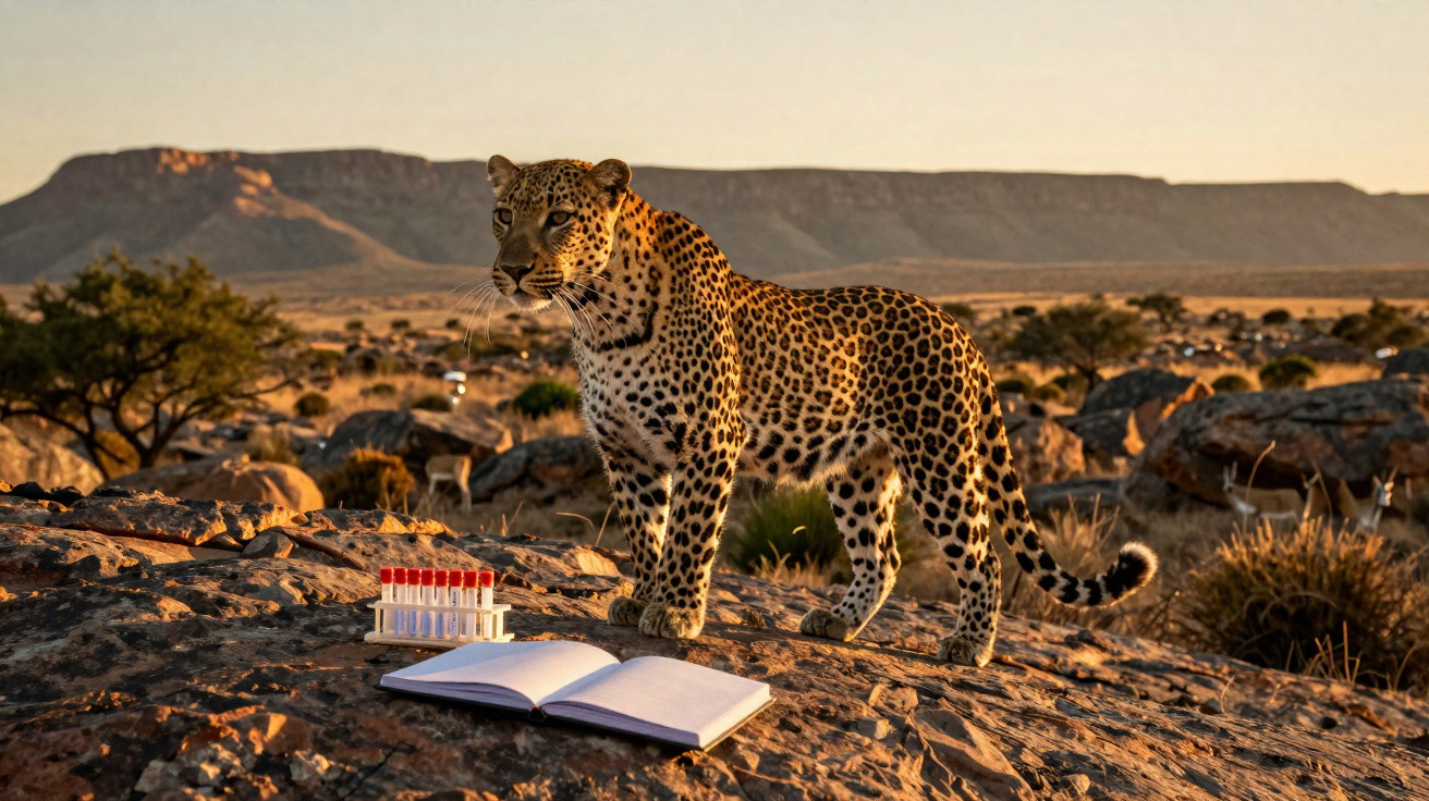 Onça-pintada em pedra ao ar livre com caderno aberto e tubos de ensaio em ambiente natural ao pôr do sol.