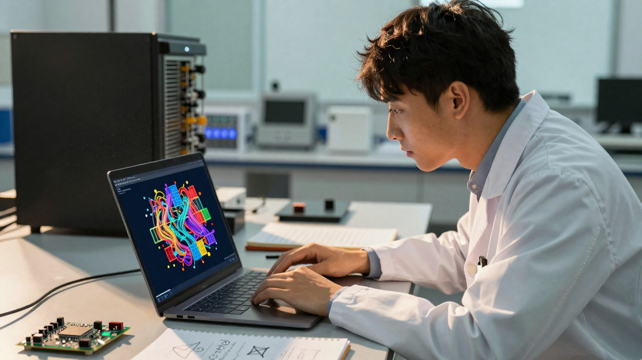 Jovem cientista em laboratório analisando dados coloridos complexos em laptop com anotações na mesa.