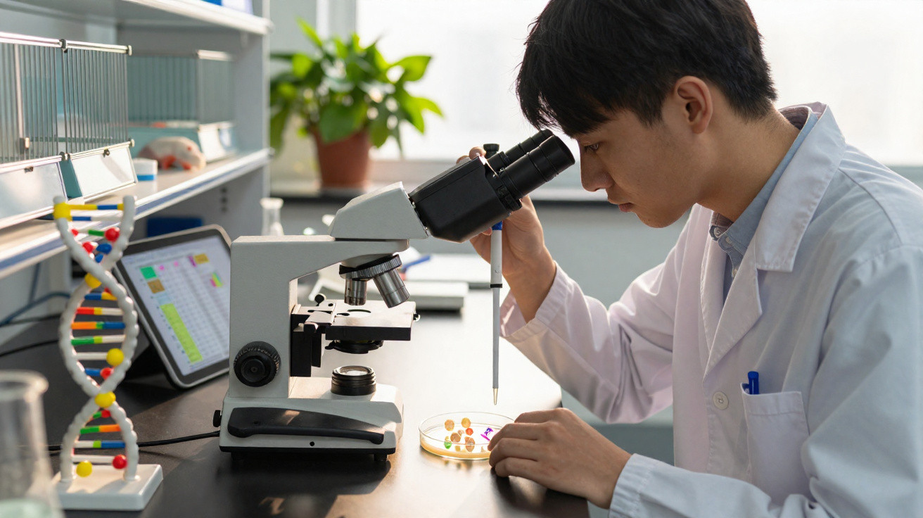 Cientista usando jaleco observa amostras em lâmina para microscópio em laboratório de pesquisa.