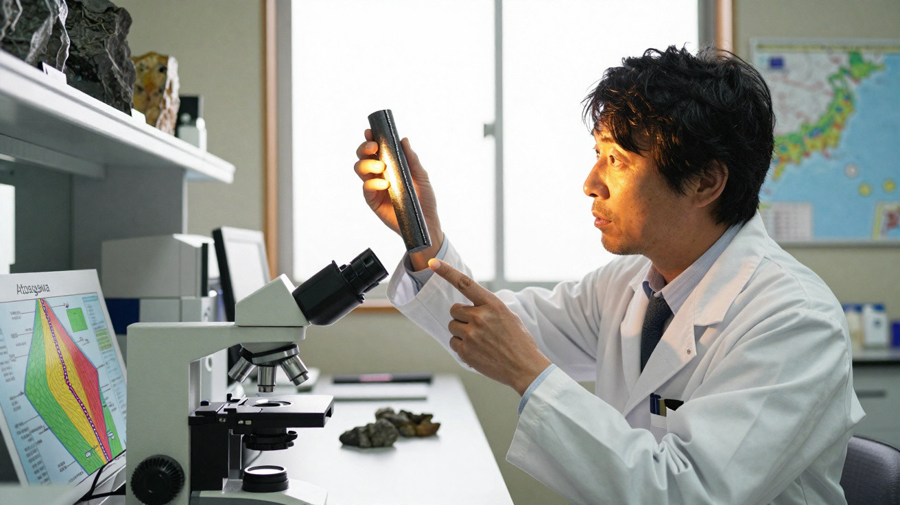 Cientista em jaleco branco examina amostra iluminada em cilindro transparente em laboratório com microscópio e gráficos.