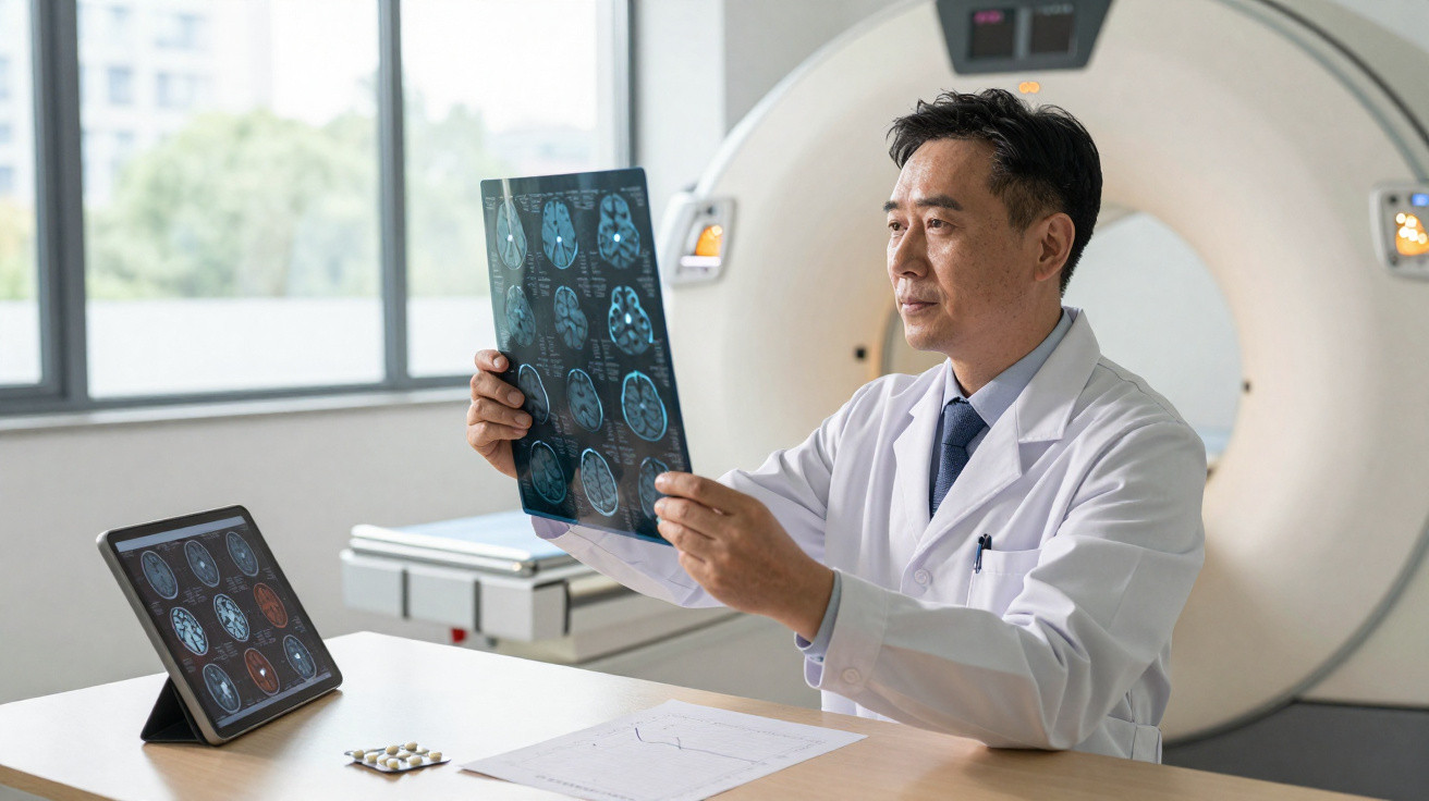 Médico analisando exames de ressonância magnética cerebral em clínica com tomógrafo ao fundo.