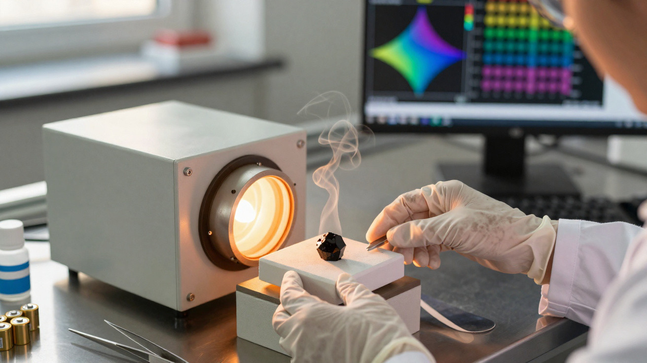 Cientista observa amostra negra aquecida com pinça em equipamento de laboratório com computador ao fundo.